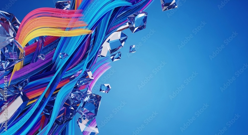 Poster dynamic abstract colorful fluid lines and sparkling crystal cubes on blue