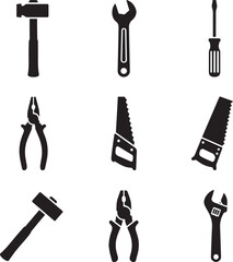 A collection of black silhouette icons featuring various hand tools for construction repair and DIY projects