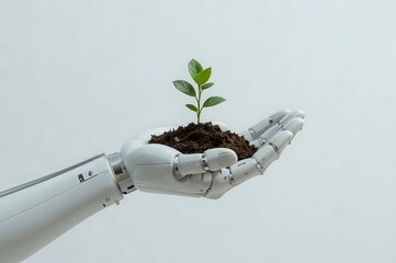 Robotic hand gently holds soil with young green plant