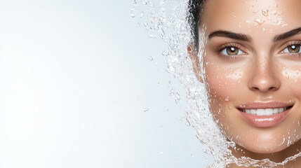 Close-up of smiling woman with fresh hydrated skin splashed by clear water on blue background for skincare and beauty concept
