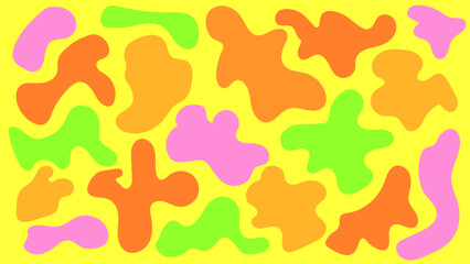 Abstract seamless pattern with vibrant liquid organic shapes in orange, green, pink on yellow background. Retro pop art funky design.