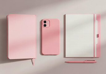 Pastel pink branding mockup with phone case and notebook