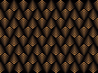 Art Deco Pattern. Gold black texture. Fan or palm leaf shape. Vector illustration.