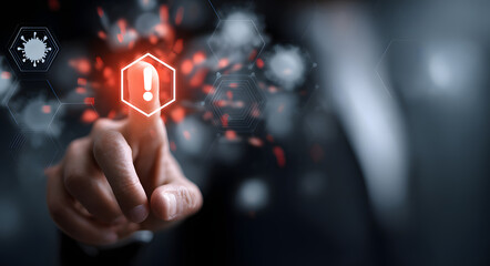 Hand selecting digital risk management alert; cybersecurity threat, data breach prevention, business compliance.