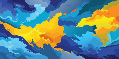 A watercolor painting featuring vibrant blue, yellow, and green hues blending harmoniously..eps