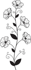 Elegant black and white floral vine illustration with outlined blossoms solid leaves and decorative curly tendrils © Design Vault