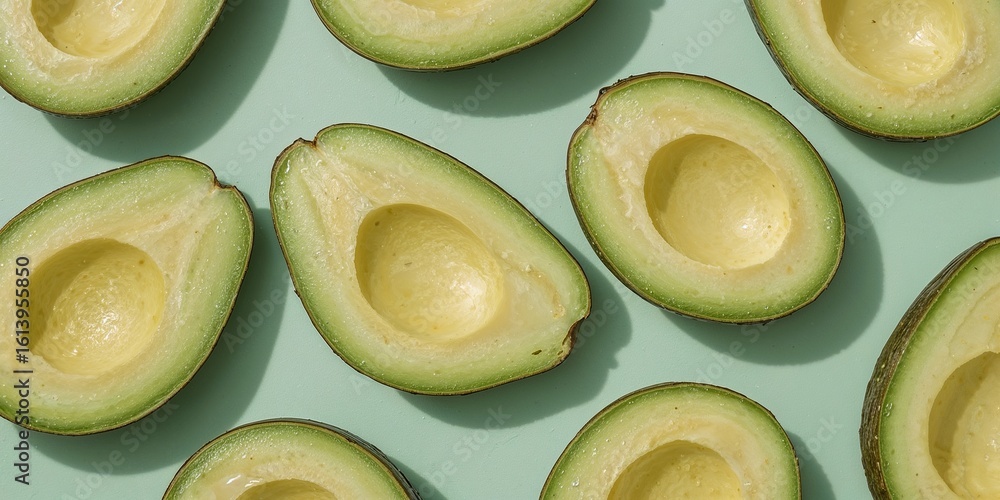 Poster a pattern of halved avocados arranged on a light blue surface creating a fresh and vibrant display