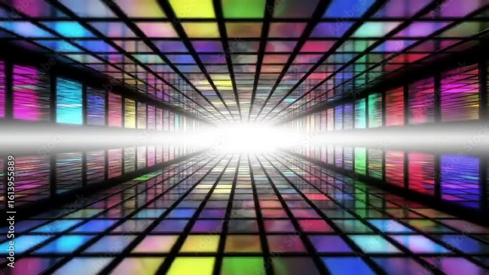 Poster dynamic rainbow grid tunnel: abstract light journey through colorful geometric space