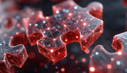 Digital art of API integration concept. Two puzzle pieces interlock against futuristic abstract tech-inspired background connectivity, AI. Data exchange, digital transformation, system, network