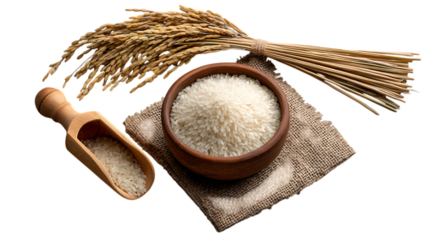 Bowl of white rice with wooden scoop and rice stalks isolated on transparent background