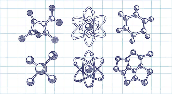 Visualizing molecular structures and atomic models on lined paper background representing scientific discovery and research