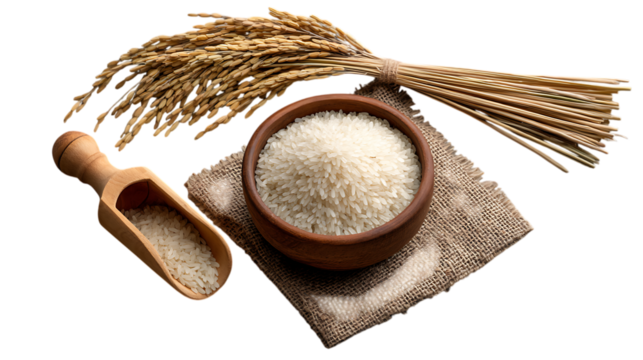 Bowl of white rice with wooden scoop and rice stalks isolated on transparent background