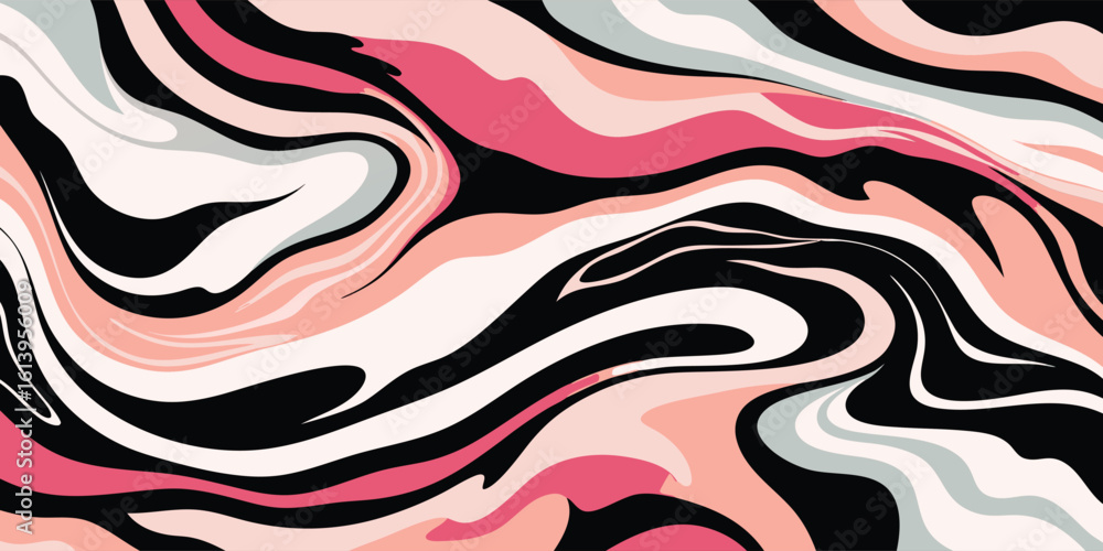 Poster background of pink and white marble with dynamic black and white swirls creating a striking visual e