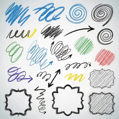 Vector graphic pack with abstract strokes, swirls, dashed lines, arrows, and hand-drawn frames created using chalk, felt-tip pens, and colored pencils.