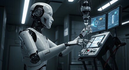 Advanced AI Robot in High-Tech Lab Setting: Operating Futuristic Machinery