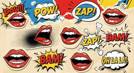 Halftone Expression Collage with Talk Bubbles. Includes shouting mouths, whispering lips, chat box cutouts, and dotted textures on torn or wrinkled paper backgrounds. Ideal for communication and media