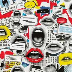 Pop Art Mouths and Speech Bubbles Collage Set. Vector graphic collection with halftone lips, talking mouths, comic-style dialogue balloons, and textured crumpled paper effects perfect for communicatin