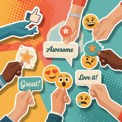Halftone Collage Feedback & Reaction Set. Collection of pop-style vector graphics including expressive hands, emotional emoji icons, review ratings, and crumpled paper overlays.