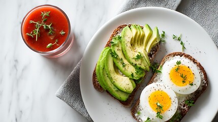 Minimalist breakfast setup with Bloody Mary drink avocado toast and eggs clean white background flat lay photo