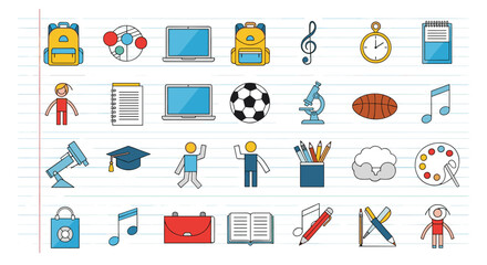 Collection of colorful vector icons representing education and school supplies for online learning and classroom activities