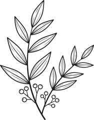 Fototapeta premium Stylized botanical sprig with veined leaves and berries in a clean black line art style