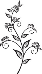 Elegant black silhouette of a floral vine with ornate blossoms and curling tendrils