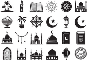 Islamic Silhouette Icons  Arabic Calligraphy & Mosque Vector Set