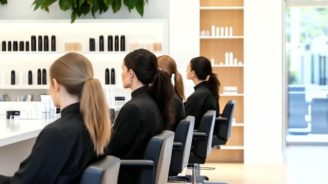 A group of passionate beauty experts in coordinated black uniforms, gathered in a modern salon. The sleek, elegant backdrop highlights their expertise and dedication to beauty serv