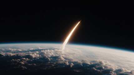 Missile launch rising through the clouds into space from Earth. Nuclear war threat and global defense alert