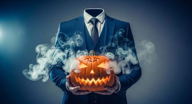 Headless man in a suit and tie holding a jack-o-lantern, Foggy Halloween image