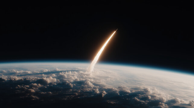 Missile launch rising through the clouds into space from Earth. Nuclear war threat and global defense alert