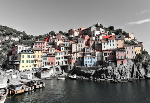 Fototapeta Black and white photo of Manarola, Liguria, Italy  Charming architecture, colorful buildings, harbor, sea,  seaport,  historic