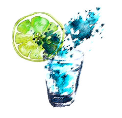 Watercolor drawing, illustration. A glass of vodka, a cocktail, an alcoholic drink, a splash. On white isolated background. Mineral water, vodka in a glass,citrus-flavored water 