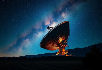 Giant glowing parabolic antenna scans a star-filled night sky, searching for cosmic signals,  astronomy,  dark