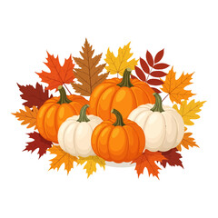 Festive vector illustration with pumpkins and autumn leaves featuring an orange and white color scheme for creating autumnal designs and greeting cards.