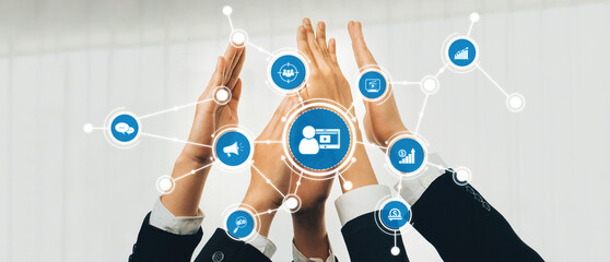 Dynamic scene of hands coming together, surrounded by digital marketing icons, symbolizing...
