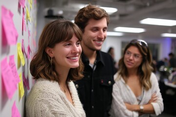 Obraz premium Young adults collaborating in office with sticky notes and smiles
