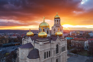 The Cathedral of the Assumption in Varna, Bulgaria aerial sunset view