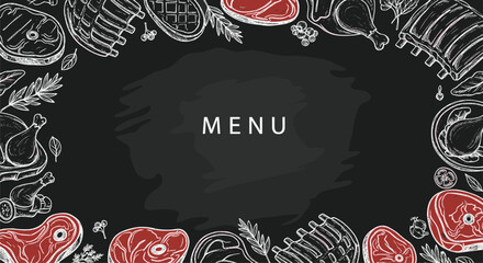 Delicious steakhouse menu design featuring raw meat cuts and elegant chalkboard style background for fine dining and butcher shop promotions