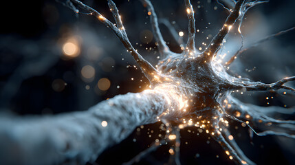 Dynamic neural pathway simulation with flashing white patches highlighting demyelination caused by multiple sclerosis.