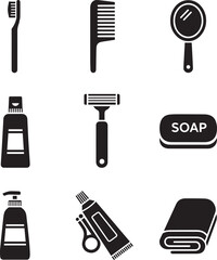 A set of nine black silhouette icons representing personal hygiene bathroom essentials and daily grooming tools