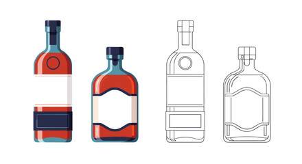 Two detailed stylized illustrations of whiskey bottles and their outline designs for graphic use