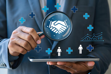 Magnifying glass reveals partnership and growth opportunities on digital tablet