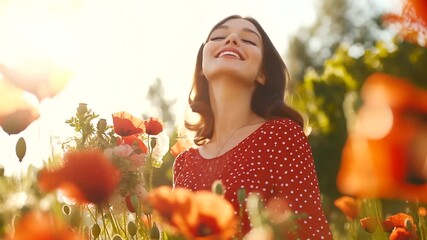 captivating shot from below of a young brunette woman in a red polka dot dress, walking through a poppy field with a bouquet in hand. She enjoys the scent of the flowers as sunligh - Powered by Adobe