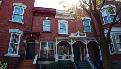 Obraz premium Victorian terrace houses, east Melbourne facade, brickwork, sunlight, architecture, Melbourne