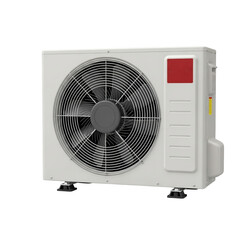 White outdoor air conditioning unit with cooling fan isolated on a transparent background