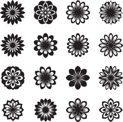 A diverse set of sixteen black and white stylized flower icons featuring various symmetrical and graphic floral designs
