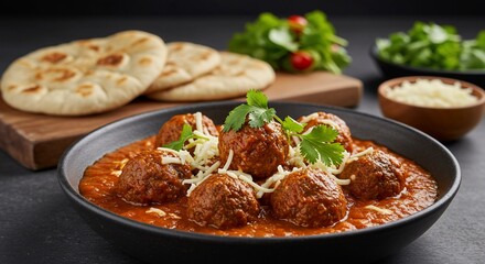 Fototapeta premium Savory Meatballs in Rich Tomato Sauce with Melted Cheese, Cilantro, and Warm Naan Bread