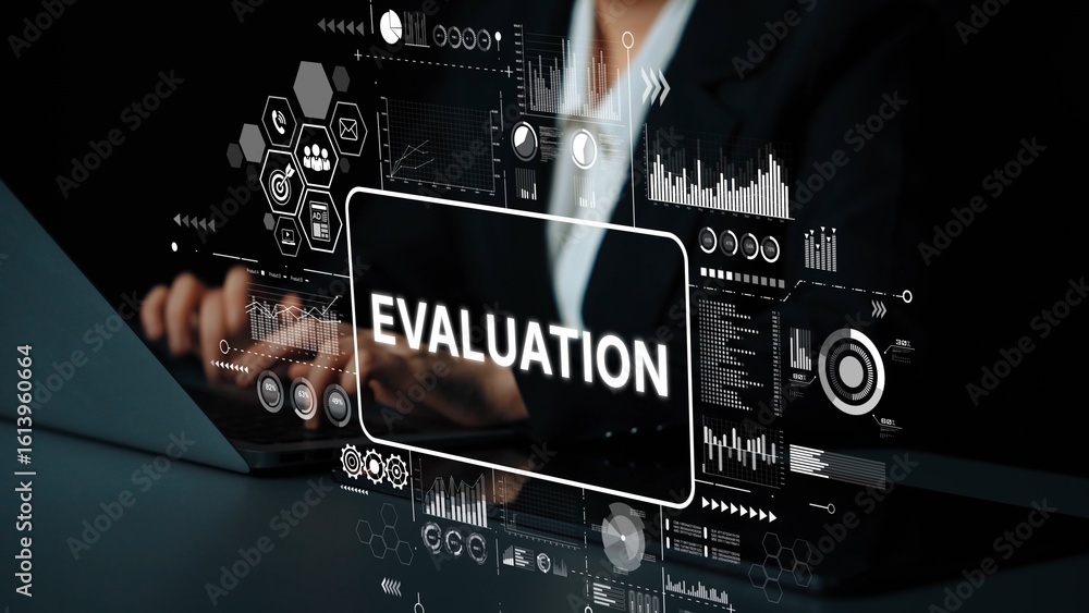 Poster business professional conducting evaluation with digital interface and data visualization concepts. 