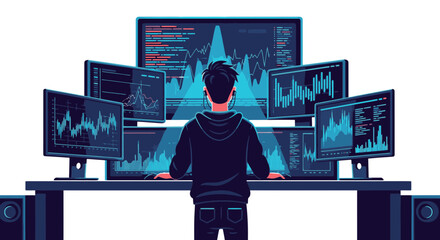 Intense data analysis by trader using multiple screens to analyze market trends